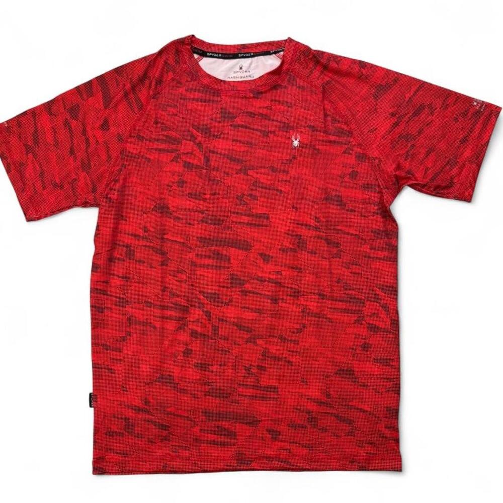 Red Spyder Worldwide rash guard with dark red abstract geometric pattern, size M